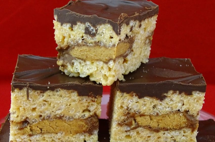 What Amazing Peanut Butter Rice Crispie Treats Are These Reese Peanut Butter Cup Stuffed Bars