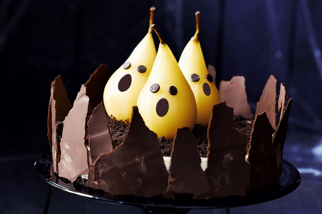 A Rich Chocolate Cheesecake With Ghostly Pears Great For That Halloween Dinner Party