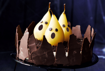 Thumbnail for A Rich Chocolate Cheesecake With Ghostly Pears Great For That Halloween Dinner Party