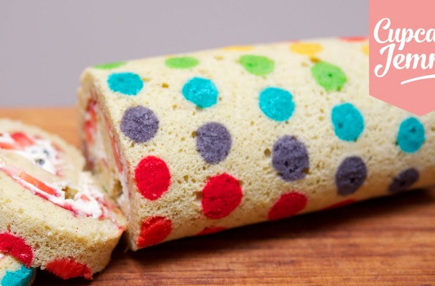 All the Colours Of The Rainbow Is This Fab Polka Dot Swiss Roll With A Cream , Jam And Fresh Fruit Filling