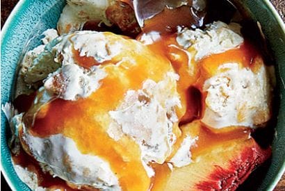 Thumbnail for Peach Cobbler Ice Cream With Bourbon-Caramel Sauce