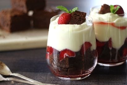 Thumbnail for For A Luxurious Valentines Dessert Try This Brownie + Strawberry Cheesecake Parfait Recipe