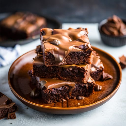 three gooey chocolate brownies on a tan plate with gooey chocolate dripping out from the top brownie